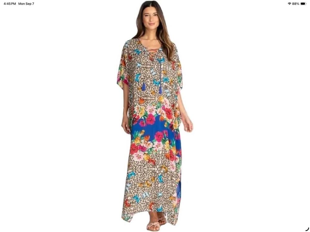Johnny Was Bella Lace-Up Leopard Floral Kaftan Maxi Dress Cover-Up S/M